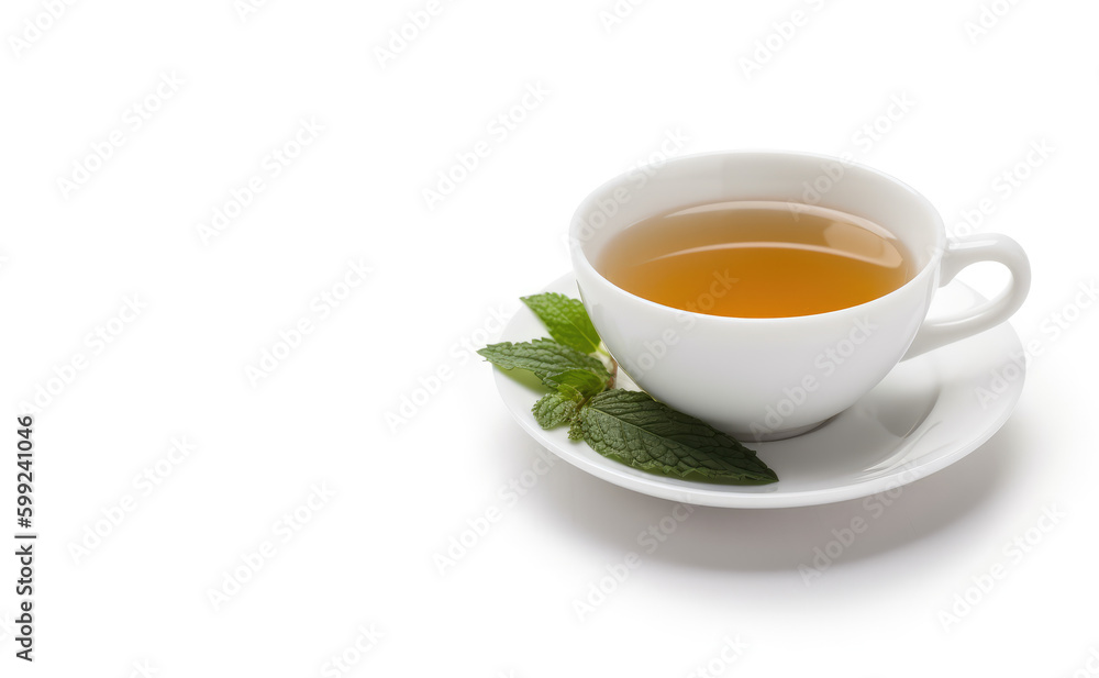 Aromatic Herbal Fusion. Discover the harmonious blend of oolong tea and fresh mint, served in a white porcelain cup on a white background. Copy space. Relaxation concept AI Generative Aromatic Herbal Fusion. Discover the harmonious blend of oolong tea and fresh mint, served in a white porcelain cup on a white background. Copy space. Relaxation concept AI Generative