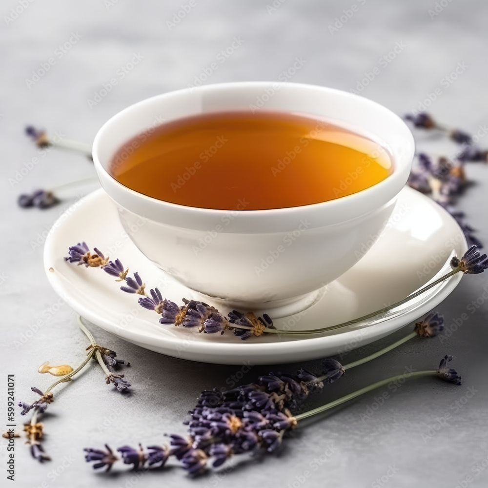Serene Lavender Elixir. Savor the calming essence of hot lavender tea with honey in a white porcelain cup. Copy space. Beverage concept AI Generative Serene Lavender Elixir. Savor the calming essence of hot lavender tea with honey in a white porcelain cup. Copy space. Beverage concept AI Generative