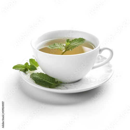  Refreshing Peppermint Infusion. Enjoy a hot cup of peppermint tea in a white porcelain cup on white background. Copy space for text. Beverage concept AI Generative