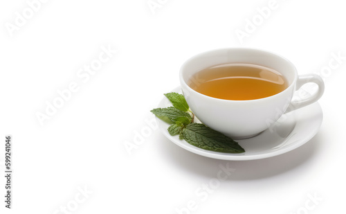 Aromatic Herbal Fusion. Discover the harmonious blend of oolong tea and fresh mint, served in a white porcelain cup on a white background. Copy space. Relaxation concept AI Generative