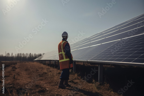 Engineer working at a solar power station at sunset. AI Generative