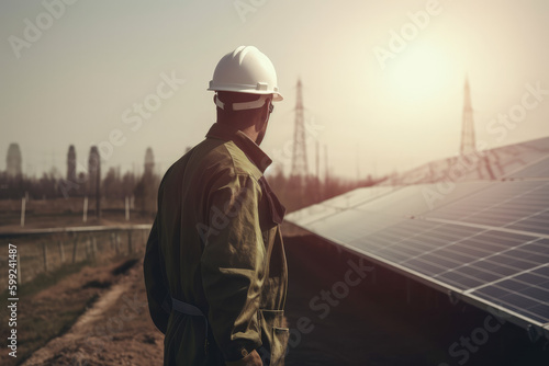 Engineer working at a solar power station at sunset. AI Generative © Rafa Fernandez
