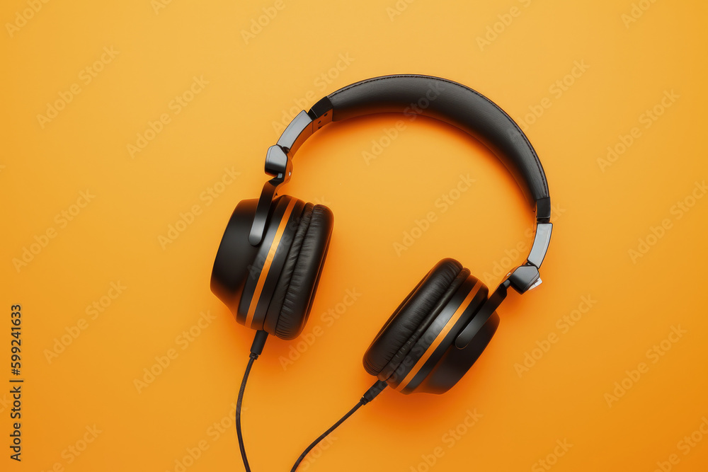 Retro old-fashioned headphones on vibrant orange background. Flat lay top down view.AI Generative - obrazy, fototapety, plakaty 