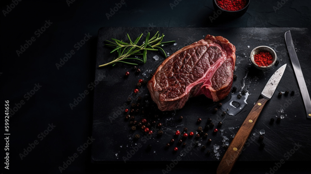 sliced beef steak on black plate. AI Generative