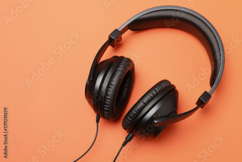 Retro old-fashioned headphones on vibrant orange background. Flat lay top down view.AI Generative