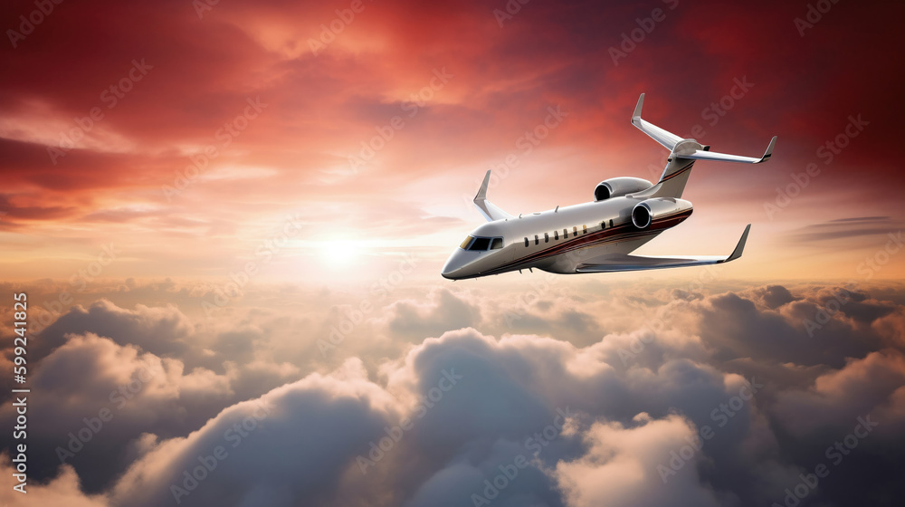 Private jet flying through the clouds in the sky. Generative AI. Private jet flying through the clouds in the sky. Generative AI.
