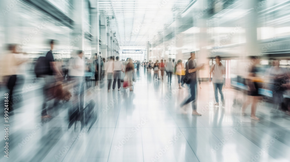 People traveling, walking through airport, motion blur, wide shot. Generative AI People traveling, walking through airport, motion blur, wide shot. Generative AI