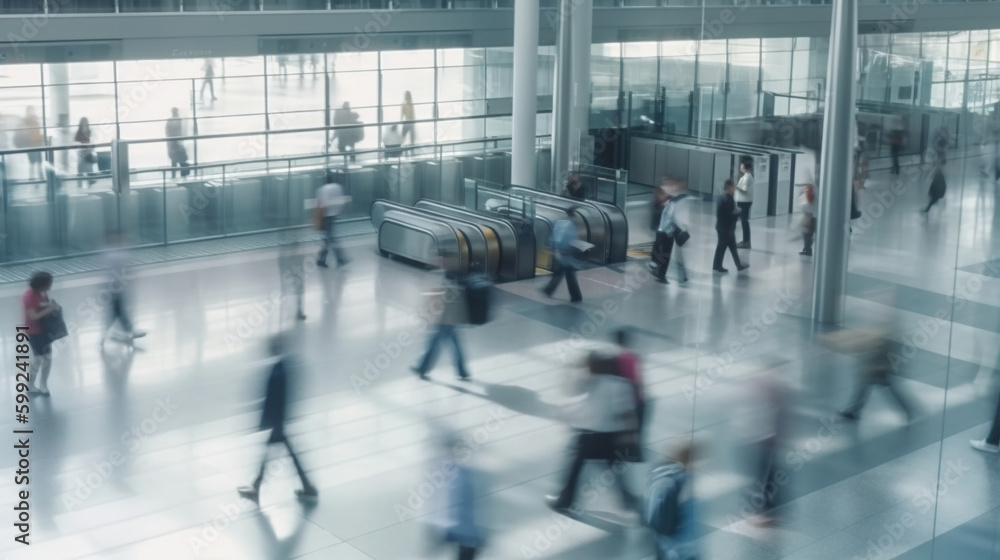 People traveling, walking through airport, motion blur, wide shot. Generative AI