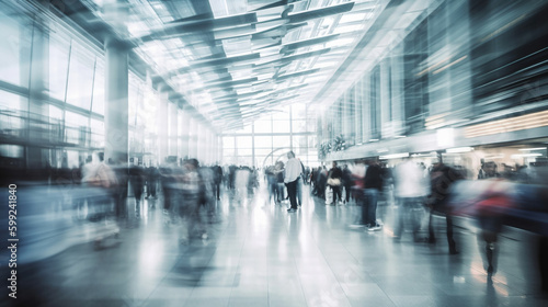 People traveling  walking through airport  motion blur  wide shot. Generative AI