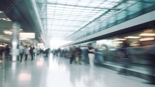 People traveling  walking through airport  motion blur  wide shot. Generative AI