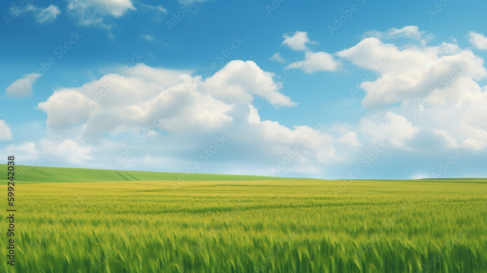 Fototapeta premium Rural landscape with wheat field on sunset. AI Generative