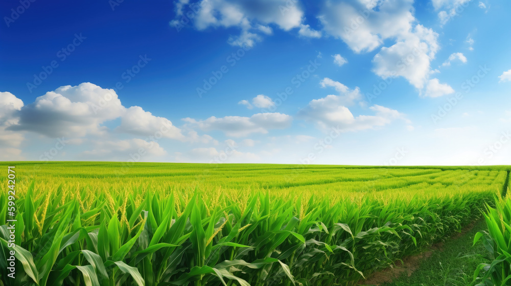 Rural landscape with wheat field on sunset. AI Generative