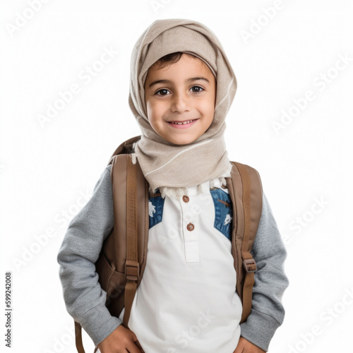 Arab Muslim child with school backpack bag on white isolated background (ID: 599242008)