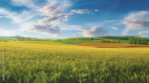 Rural landscape with wheat field on sunset. AI Generative