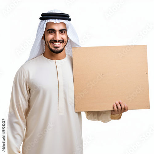 Arab Muslim man holding blank paper board for slogan (ID: 599242037)
