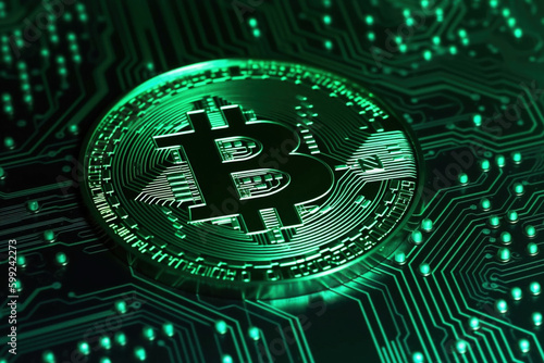 Bitcoin symbol on futuristic green matrix background. AI Generative