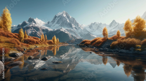 Majestic Mountain Landscape with Alpine Lake Reflection  generative AI 