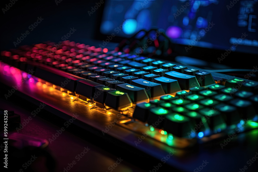 Hands of professional gamer boy playing video games on computer in dark room, using backlit colorful keyboard, Gnerative Ai