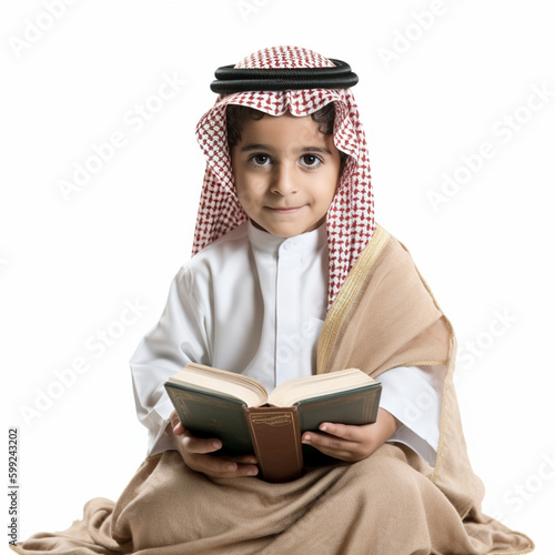 arab kid with a book white isolated background (ID: 599243202)