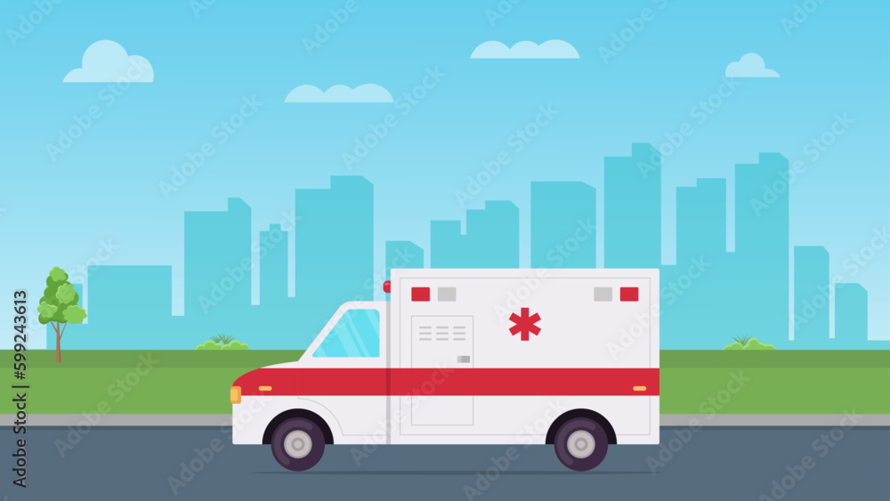 Emergency ambulance running on a road in town flat vector illustration Emergency ambulance running on a road in town flat vector illustration