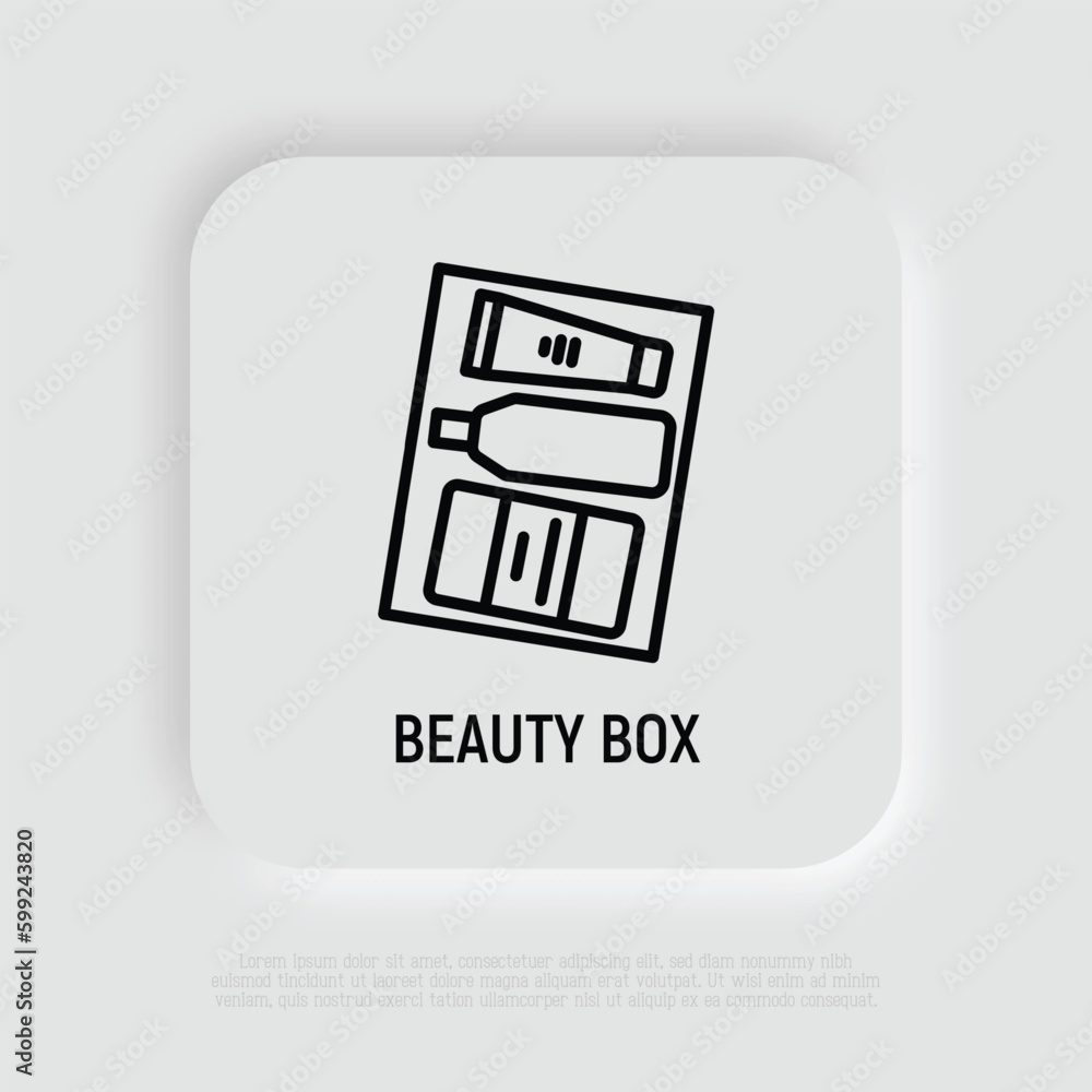 Beauty box thin line icon: cream, soap, spray. Cosmetic giftbox. Modern vector illustration. Beauty box thin line icon: cream, soap, spray. Cosmetic giftbox. Modern vector illustration.