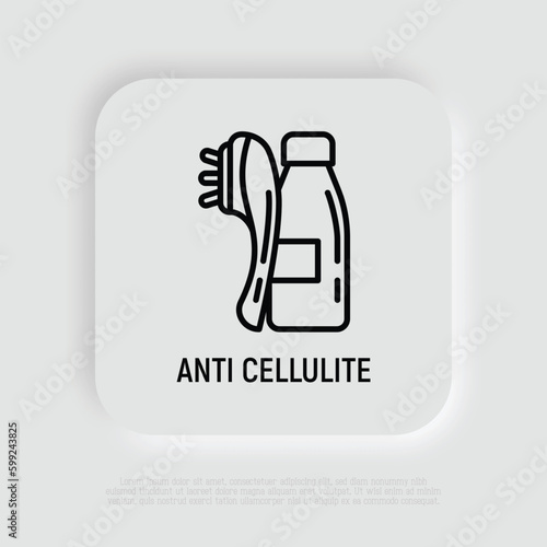 Anti cellulite treatments thin line icon: body massager and body oil in glass bottle. Modern vector illustration for beauty shop.