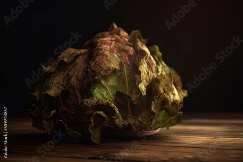 Rotten lettuce on a wooden table. Dim studio light. Generate AI. 