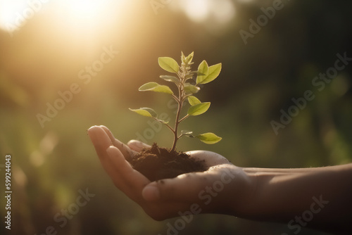 Hands holding young plant in sunshine and green background at sunset. Environment conservation, reforestation, climate change. Generative AI.