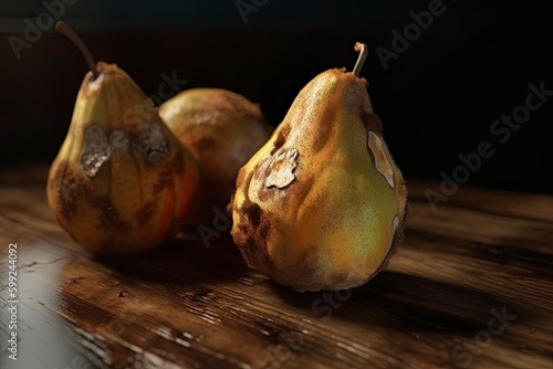 Rotten yellow pears on a wooden table. Dim studio light. Generate AI. 