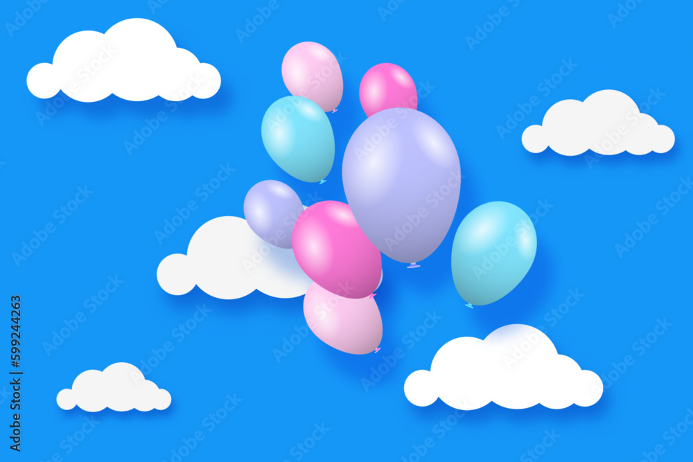 Flying colored balloons in the cloudy sky. White clouds and bundles of 3D balloons on the blue sky. Vector illustration