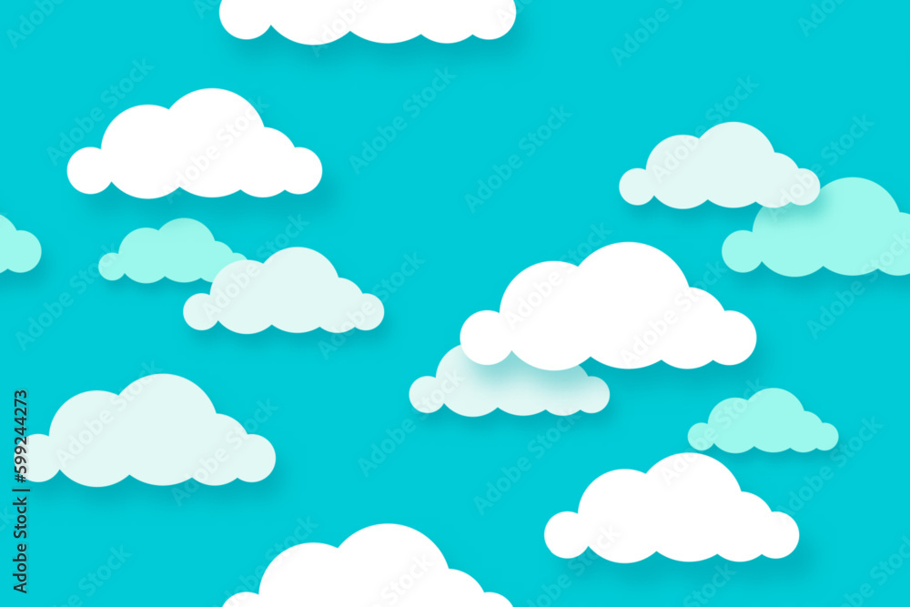 Seamless pattern with clouds on blue sky. Paper cut style vector background