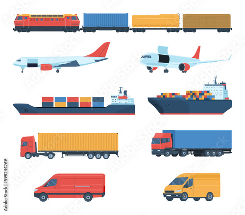 Set of different cargo vehicles in two projections. Vector illustration.
