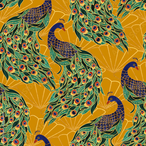 Bird print. Peacock. Floral chinoiserie wallpaper. Beautiful seamless pattern with peacock tropical japanese flowers, tree. Perfect for wallpapers, web page backgrounds, surface textures, textile.