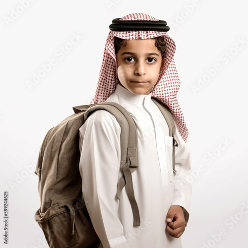 Arab Muslim child with school backpack bag on white isolated background (ID: 599244625)