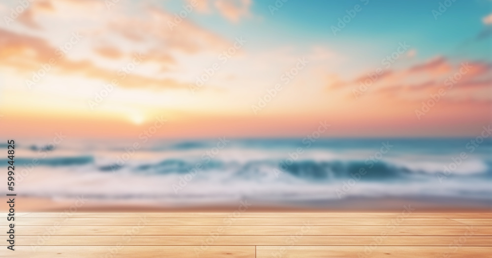 Empty wooden plank wood table top with blur pink sunset sky and sea bokeh background,summer holiday backdrop.Mock up template for display or montage of product or content use as panoramic banner  ads