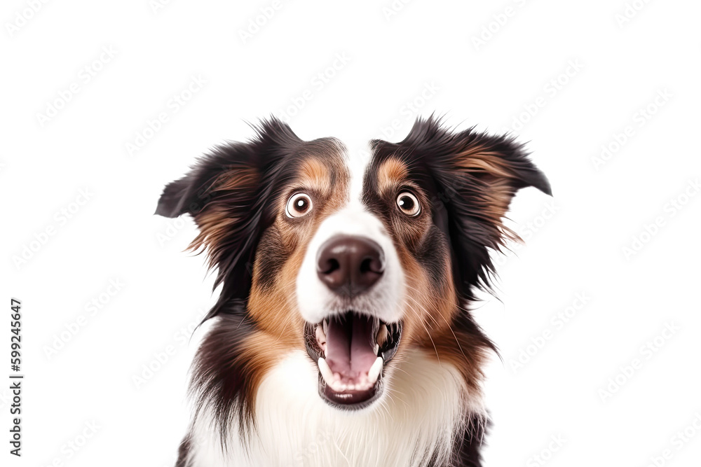 Close-up Funny Surprised Dog with Huge Eyes Portrait. AI generative. Isolated on White Background. Close-up Funny Surprised Dog with Huge Eyes Portrait. AI generative. Isolated on White Background.