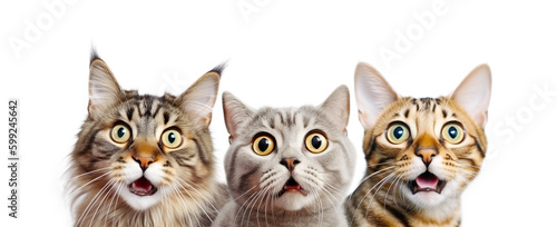 Portrait of Three Surprised Cats (Maine Coon, British, Bengal). AI generative. Isolated on White Background.