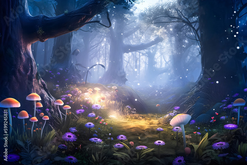 Magical forest background with morning light. AI generative Generative AI