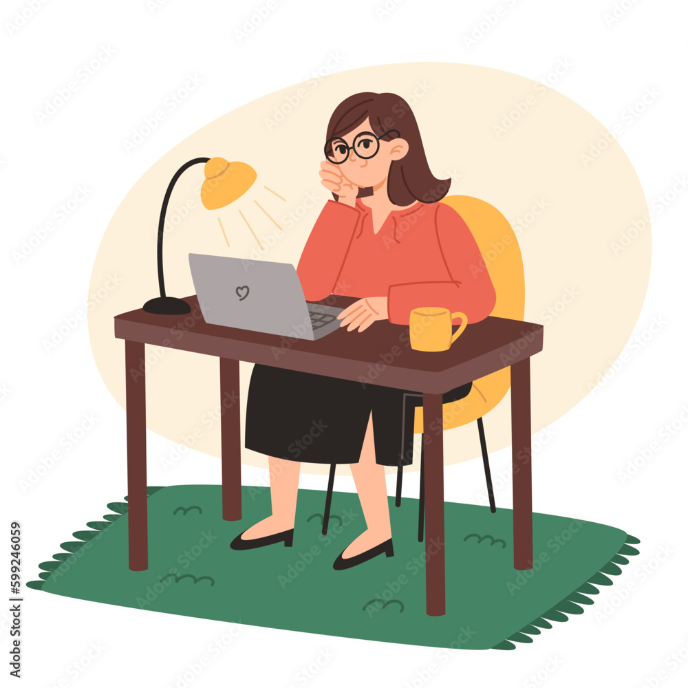 Young woman sitting at desk and working on laptop at home, flat style illustration Young woman sitting at desk and working on laptop at home, flat style illustration