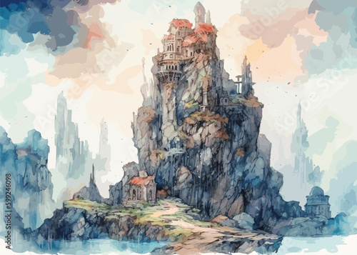 Watercolor stock illustration. Old town city. Emerald City, Magic castle, towers, arches, steampunk. Isolated on white .Generative a