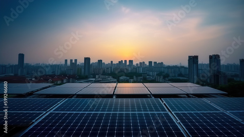 Solar panels mounted on building roof top  panoramic view city skyscape at sunset. Clean ecological electricity production  renewable energy concept