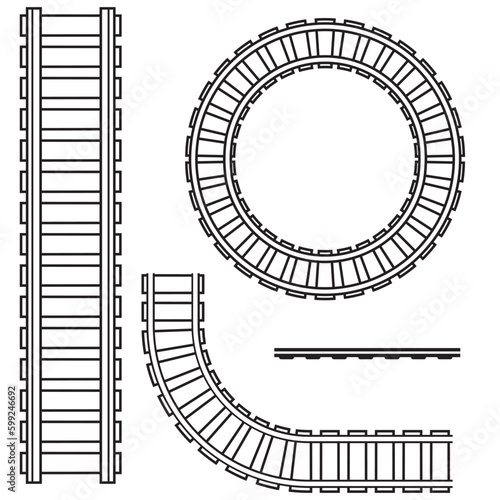 Curved railway, rails. Vector isolated illustration black outline coloring