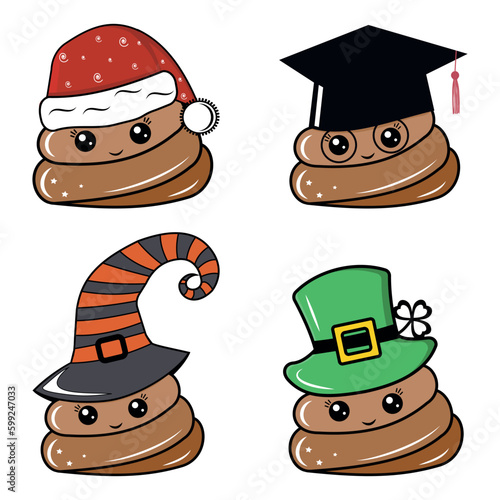 A set of characters kawaii poop Santa Claus, St. Patrick, Graduate scientist, Halloween witch. Color vector illustration in cartoon style