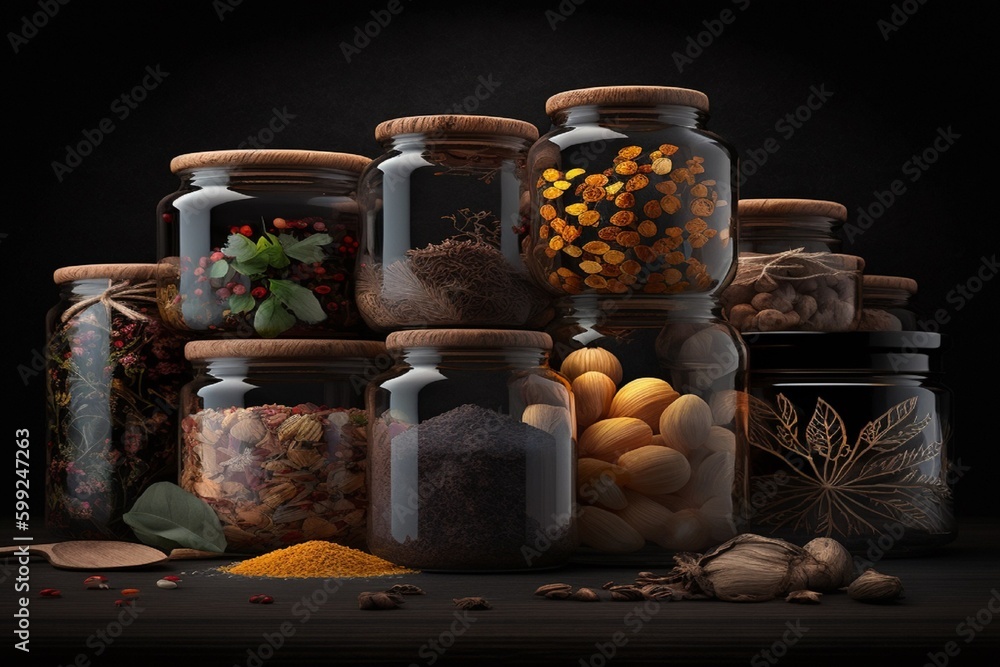 A large number of aesthetic transparent jars with various seasonings and spices on a wooden table with a black background