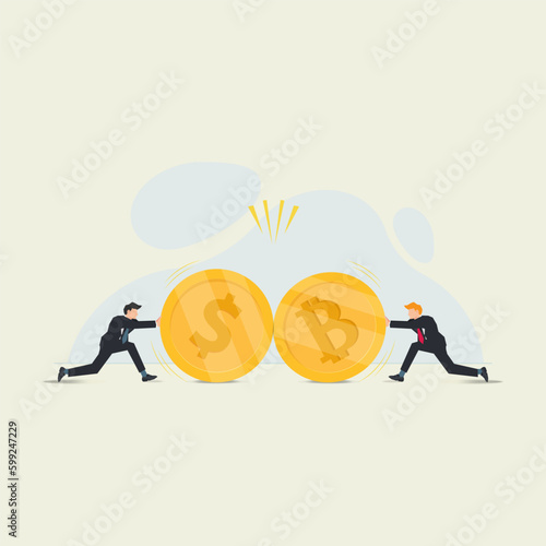 Businessman rolls giant dollar and bitcoin. Clash of currency influences financial market concept vector illustration