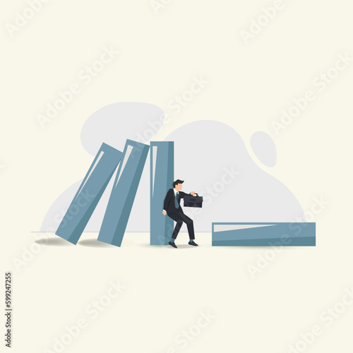 Vector businessman hold back falling domino. Survive from crisis illustration