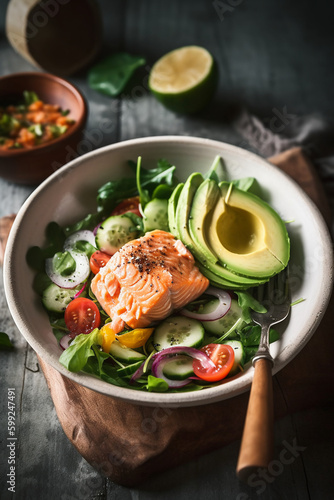 Salad with salmon and avocado, healthy food. Generative ai