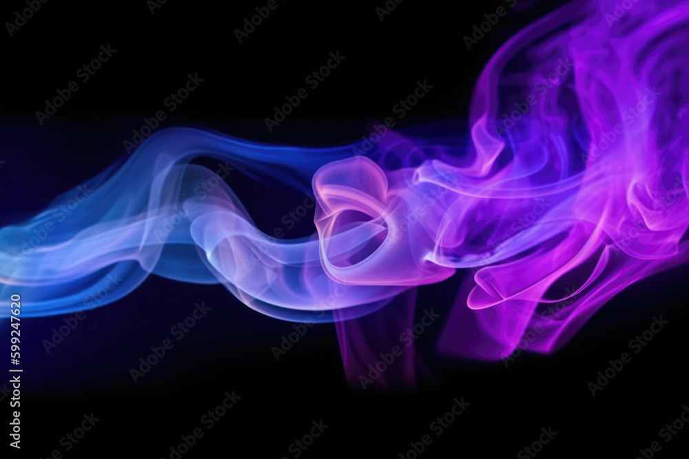 Color smoke. Mist texture. Ink water flow. Sky haze. Neon purple blue vapor cloud blend wave abstract art background with free space