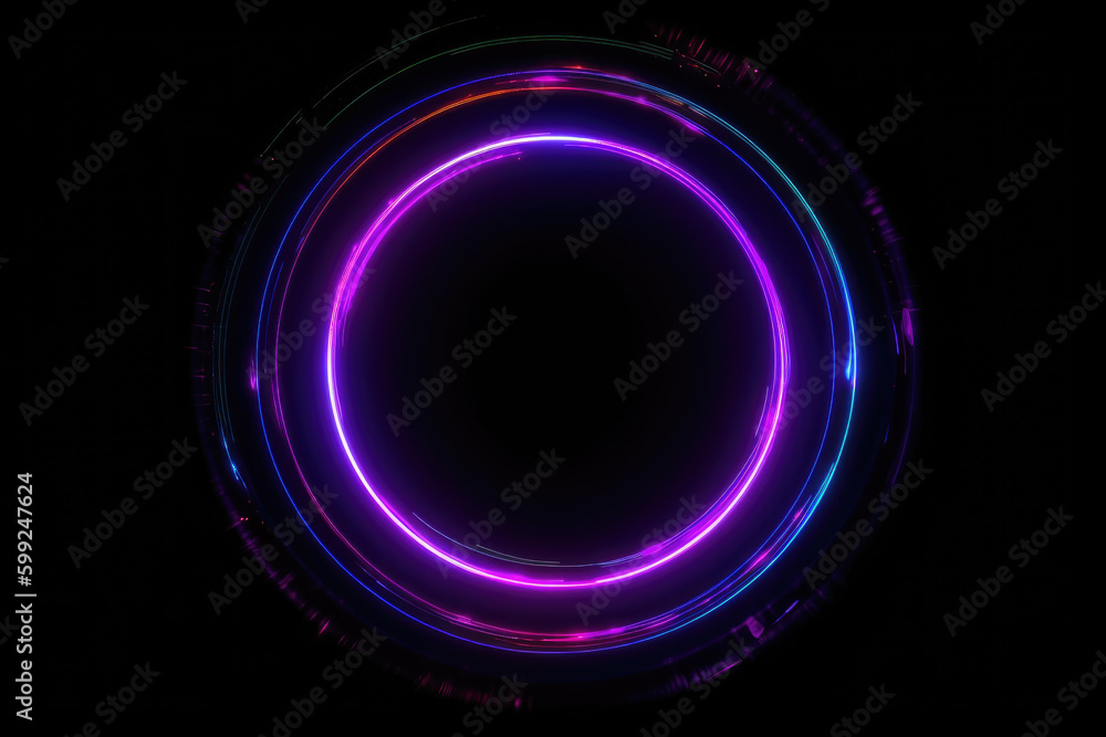 Neon glow. Round frame. Quantum portal. Defocused fluorescent purple color glitch light flare circle on dark black futuristic abstract illustration empty space background