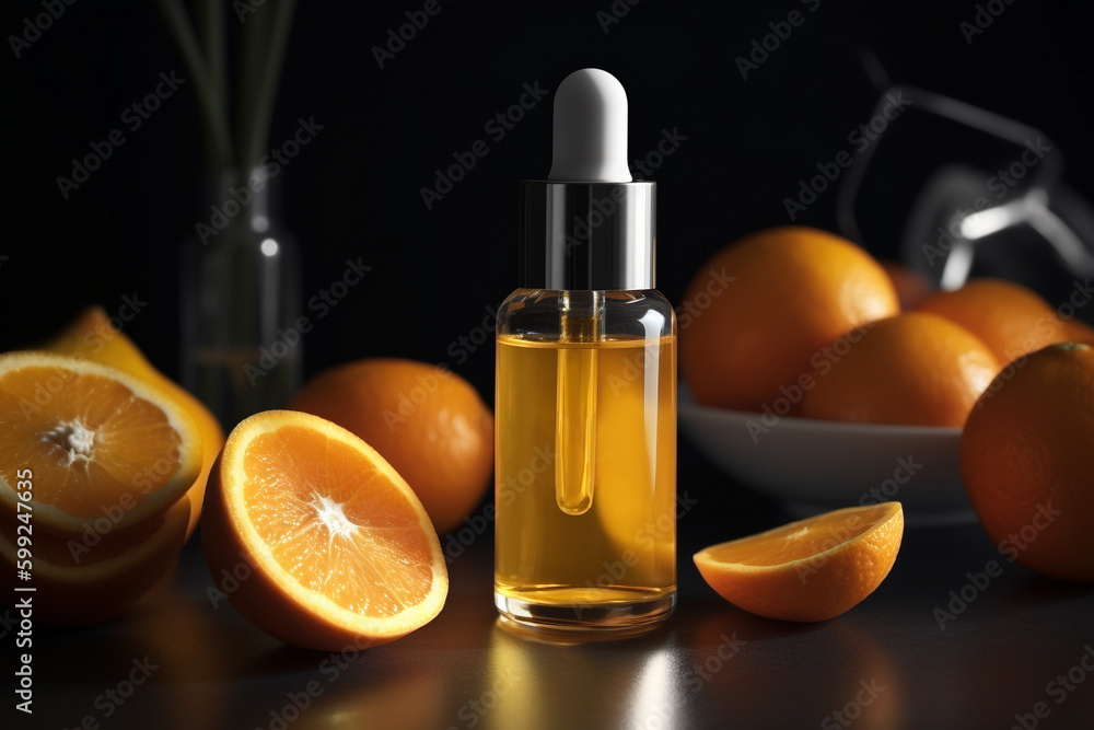 Vitamin C skin care serum surrounded by orange fruits. Generative AI illustration Vitamin C skin care serum surrounded by orange fruits. Generative AI illustration